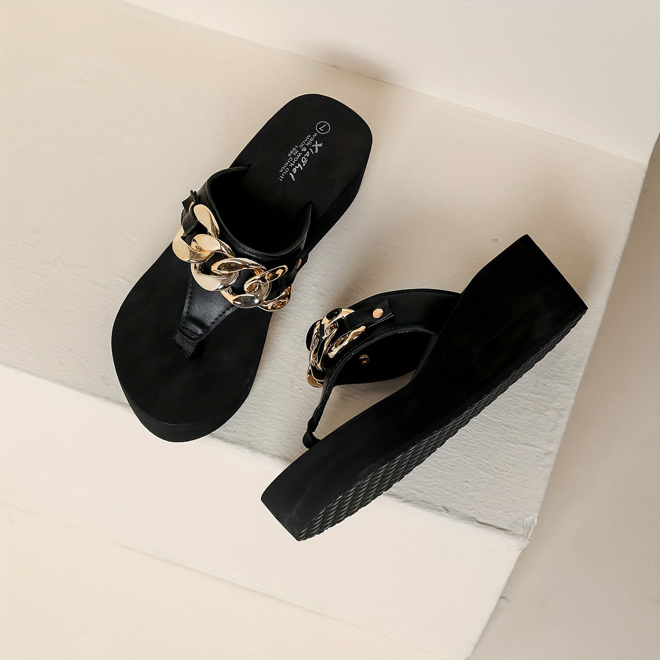 Women's Solid Color Flip Flops, Platform Slip On Soft Sole Metallic Chain Decor Slides, Comfort Wedge Beach Shoes